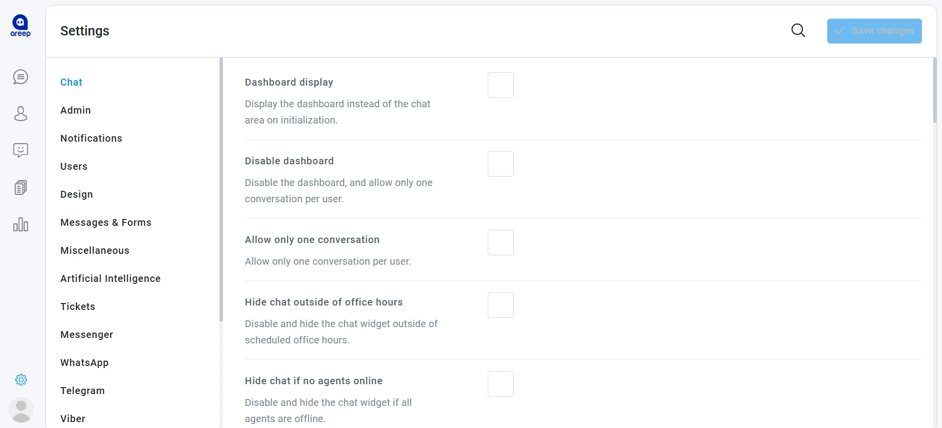AREEP settings dashboard